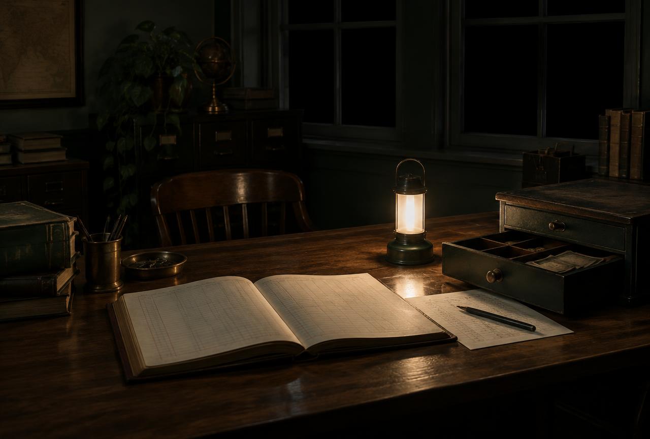 Bureau plongé dans l'obscurité, un registre papier et une caisse manuelle éclairés par une lampe