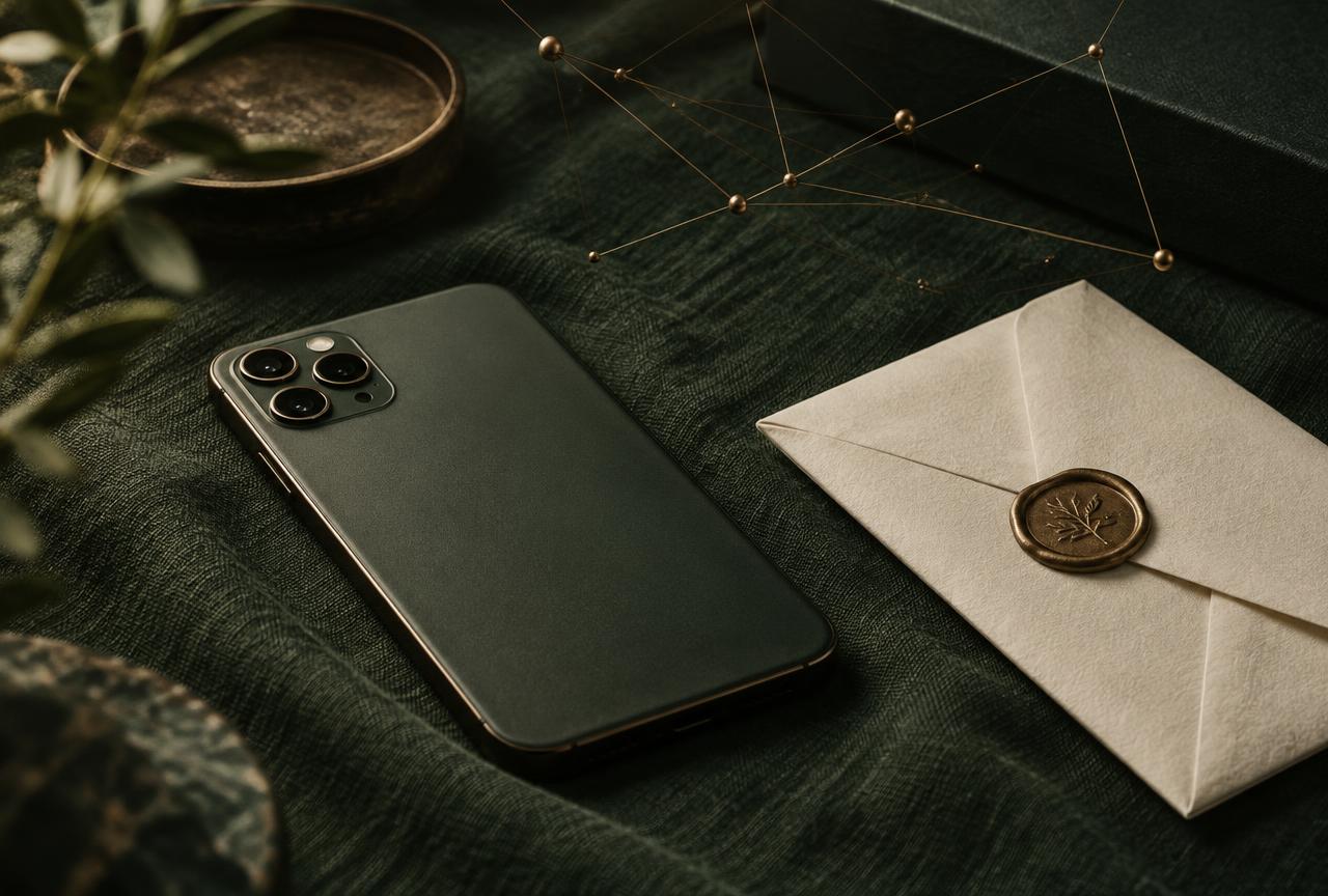 Téléphone portable fermé posé sur une toile verte, à côté d'une lettre scellée à la cire