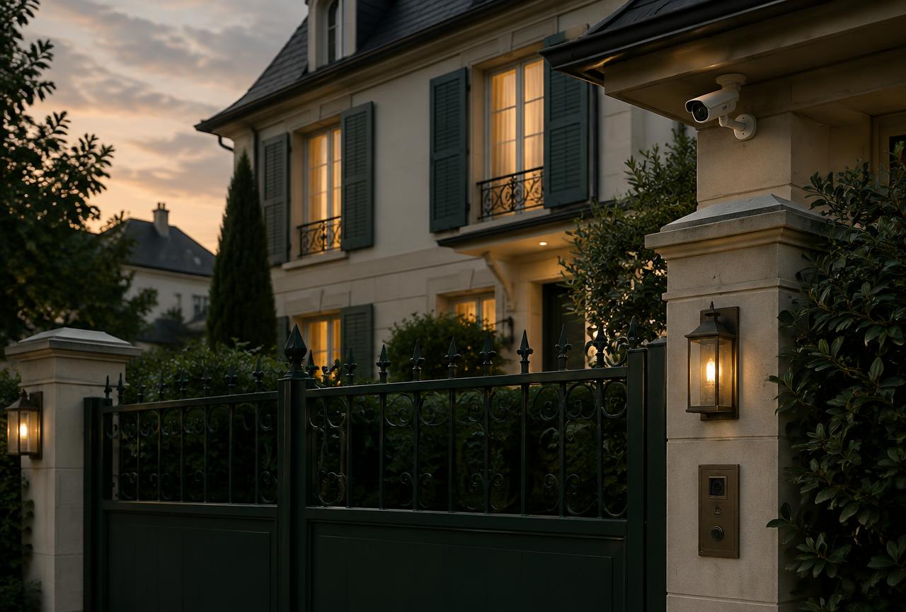 Façade d'une maison familiale au crépuscule, portail en fer forgé et caméra discrète