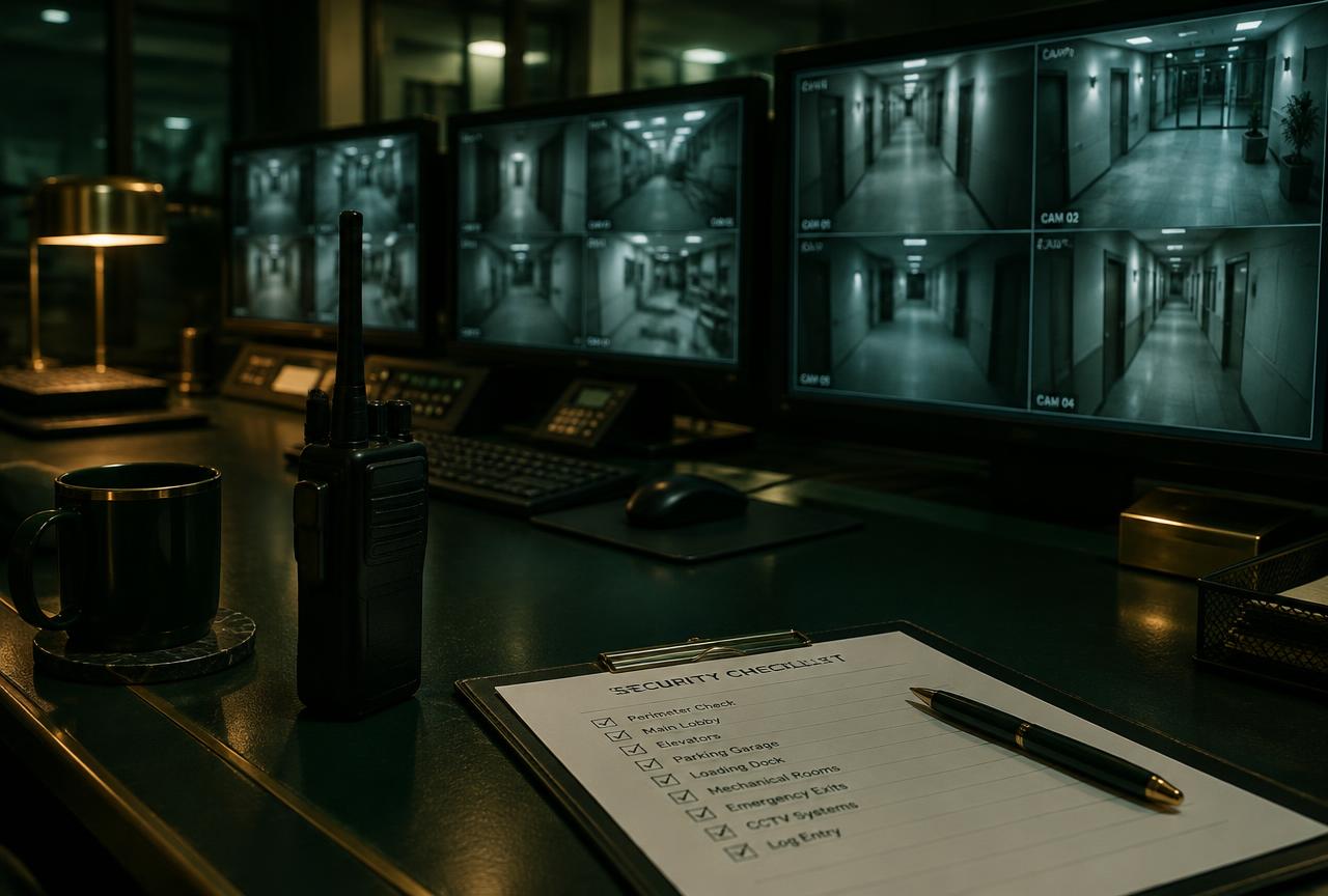 Poste de surveillance de nuit, écrans de caméras, radio et liste de contrôle