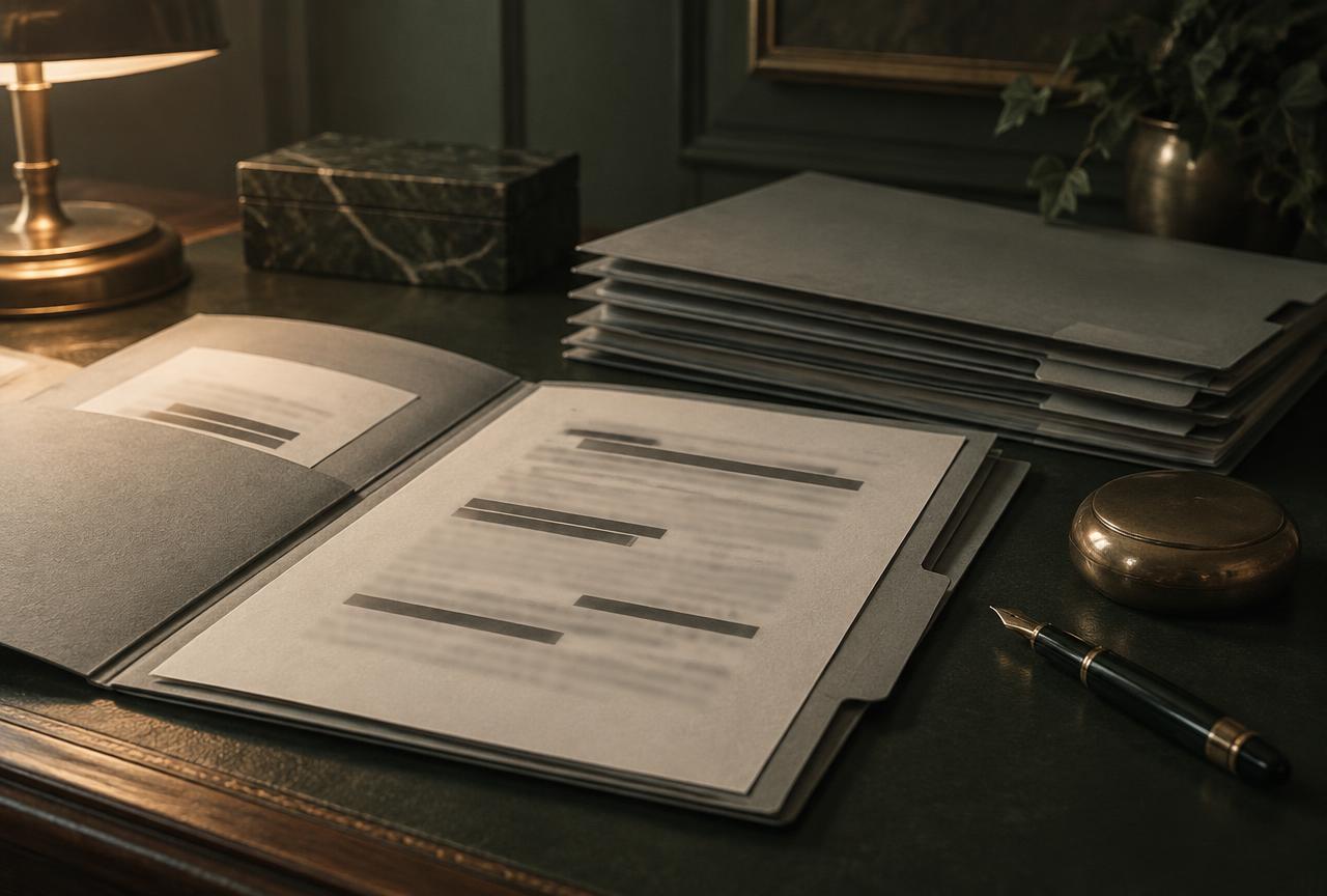 Pile de dossiers administratifs sur un bureau sombre, lignes rendues illisibles, presse-papiers en bronze
