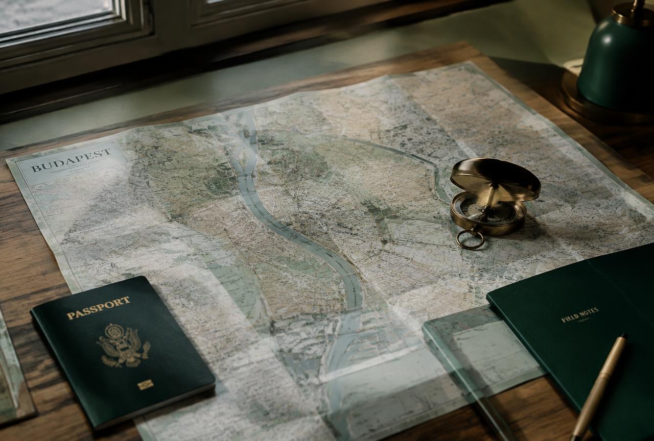 Carte d'une ville étrangère dépliée sur un bureau avec boussole, passeport et carnet
