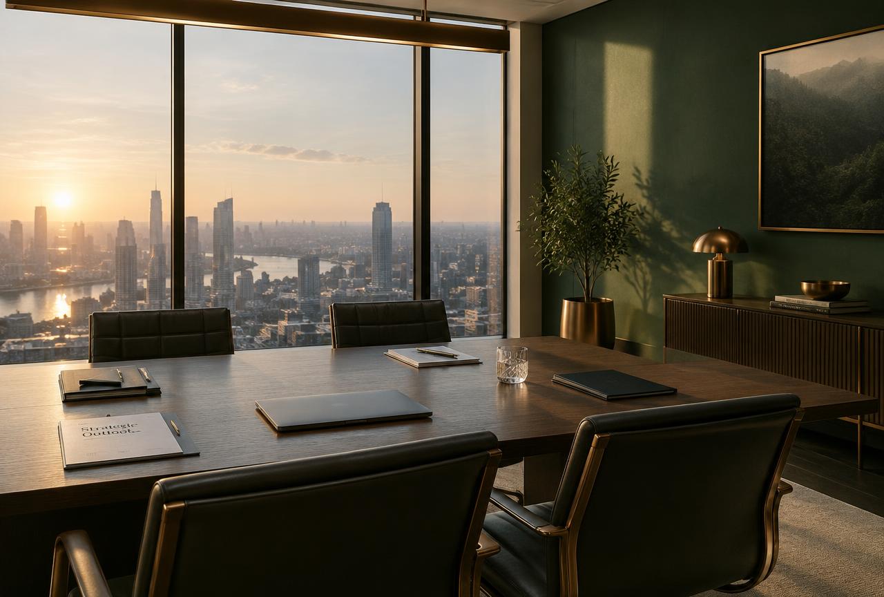 Salle de réunion vide dominant une ville au lever du jour, documents posés sur la table