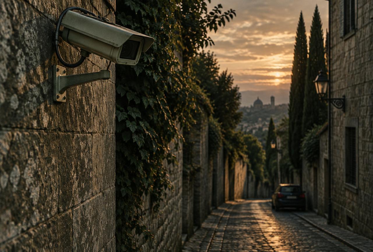 Caméra de surveillance fixée sur un mur de pierre au-dessus d'une rue déserte au crépuscule