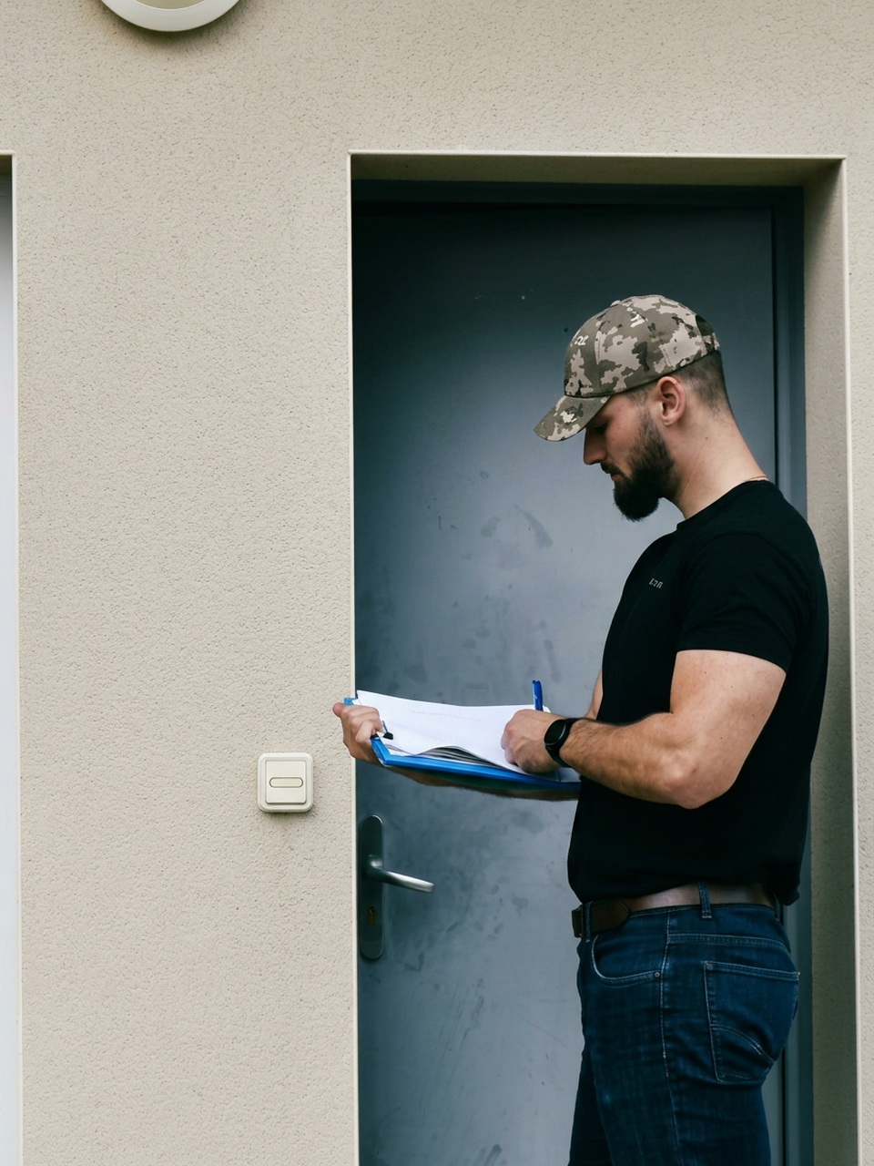 Inspection d’une entrée, avec prise de notes devant la porte