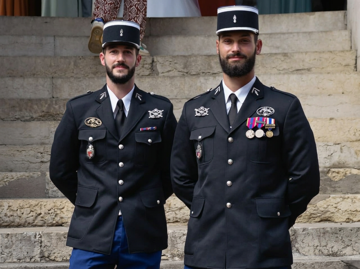 Deux gendarmes en tenue d'apparat sur un escalier de pierre