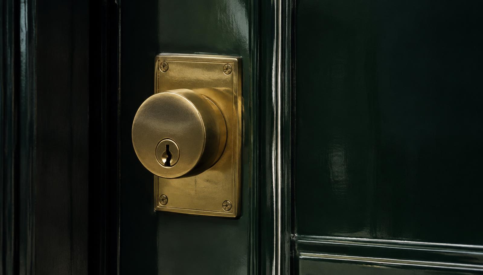 Serrure en bronze sur une porte vert foncé