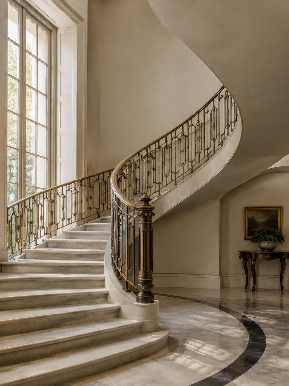 Escalier en pierre à rampe de bronze